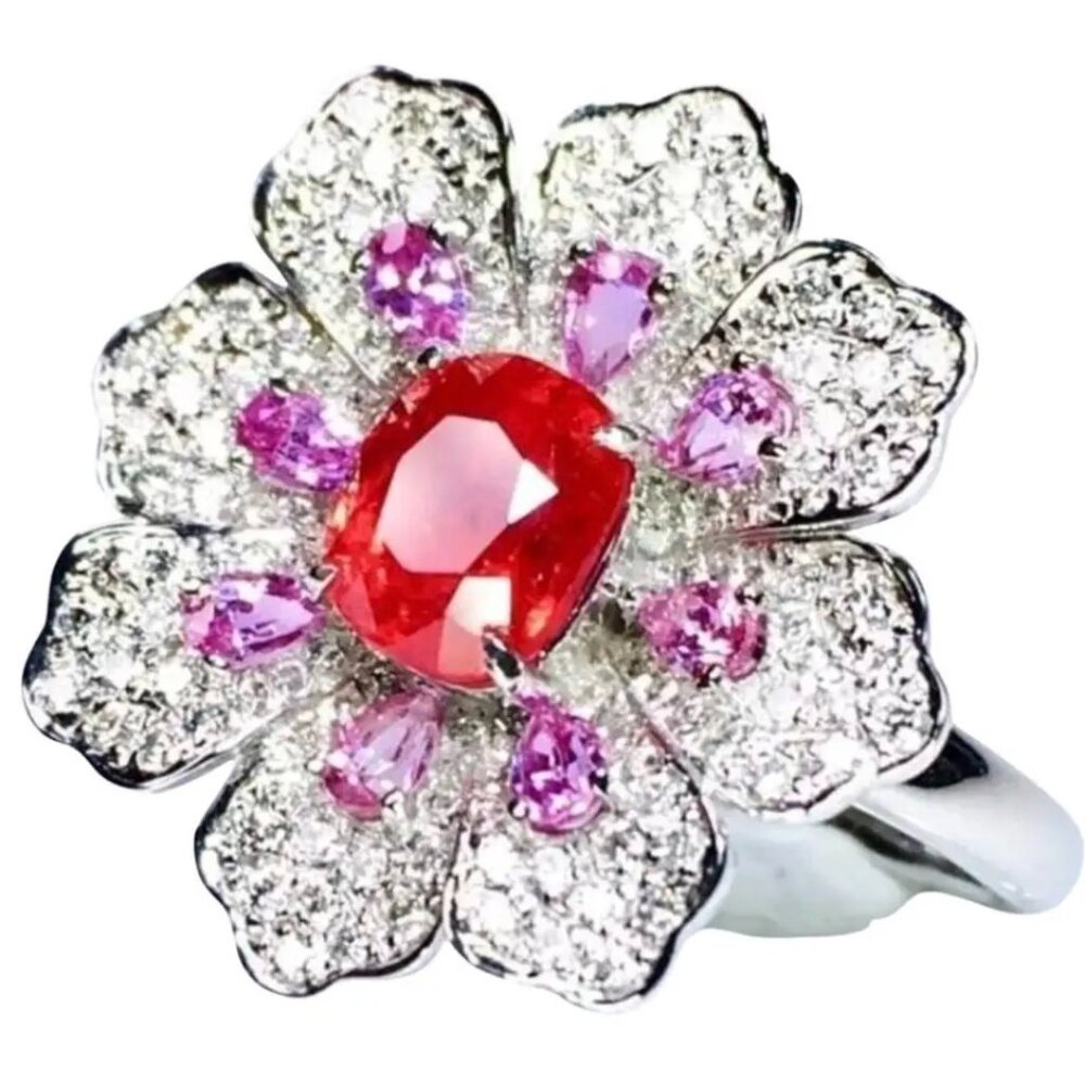 Diamond Flower and Bright Orange, Hot-Pink, 1 Carat, Jedi Spinel, Cocktail Ring